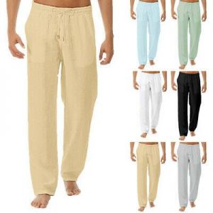 Vintage Mens Linen Loose Pants Beach Yoga Gym Drawstring Casual Slacks Trousers